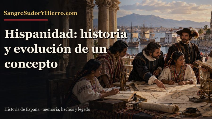 Recreación histórica sobre concepto de Hispanidad con el título «Hispanidad: historia y evolución de un concepto» y la marca SangreSudorYHierro.com