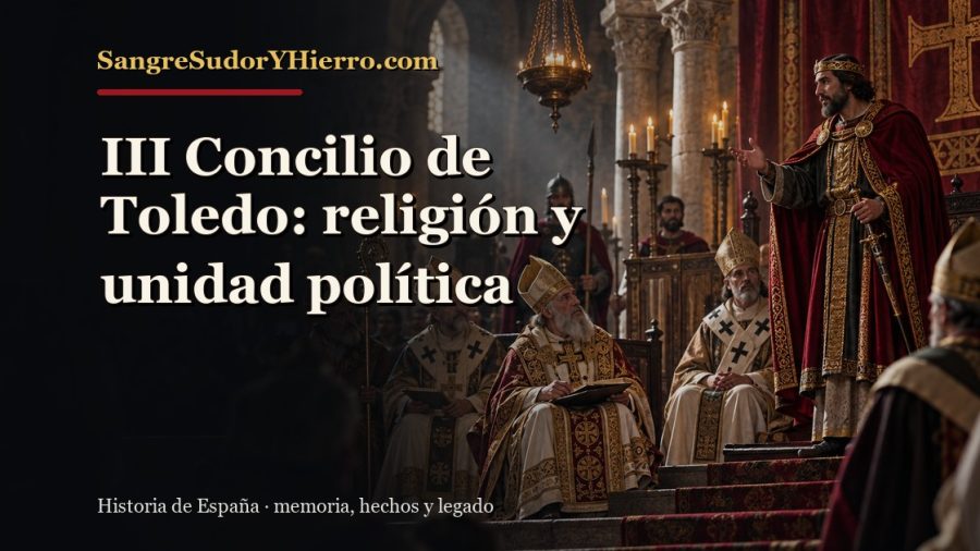 Ilustración histórica de III Concilio de Toledo con el título «III Concilio de Toledo: religión y unidad política» y la marca SangreSudorYHierro.com