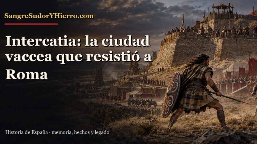 Recreación histórica sobre resistencia de Intercatia con el título «Intercatia: la ciudad vaccea que resistió a Roma» y la marca SangreSudorYHierro.com