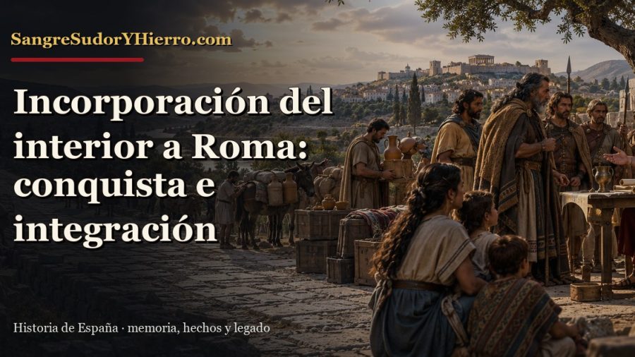Recreación histórica sobre romanización del interior de Hispania con el título «Incorporación del interior a Roma: conquista e integración» y la marca SangreSudorYHierro.com