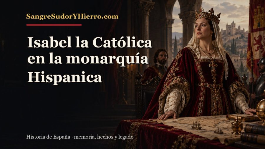Ilustración histórica de Isabel la Católica en la monarquía Hispanica con el título «Isabel la Católica en la monarquía Hispanica» y la marca SangreSudorYHierro.com