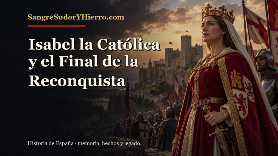 Ilustración histórica de Isabel la Católica y el Final de la Reconquista con el título «Isabel la Católica y el Final de la Reconquista» y la marca SangreSudorYHierro.com