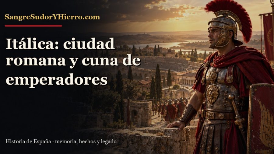 Ilustración histórica de Itálica con el título «Itálica: ciudad romana y cuna de emperadores» y la marca SangreSudorYHierro.com