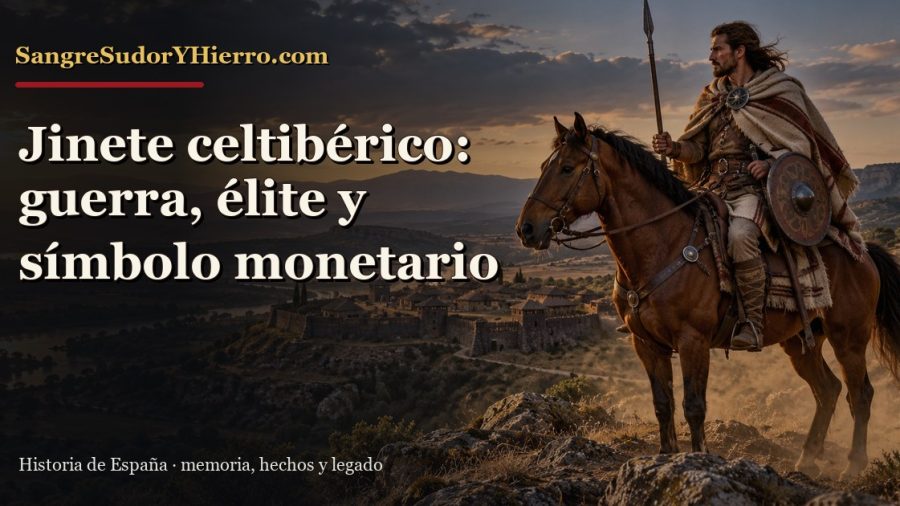 Recreación histórica sobre jinete celtibérico con el título «Jinete celtibérico: guerra, élite y símbolo monetario» y la marca SangreSudorYHierro.com