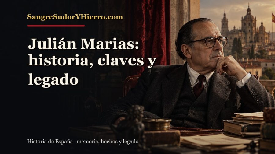 Ilustración histórica de Julián Marias con el título «Julián Marias: historia, claves y legado» y la marca SangreSudorYHierro.com
