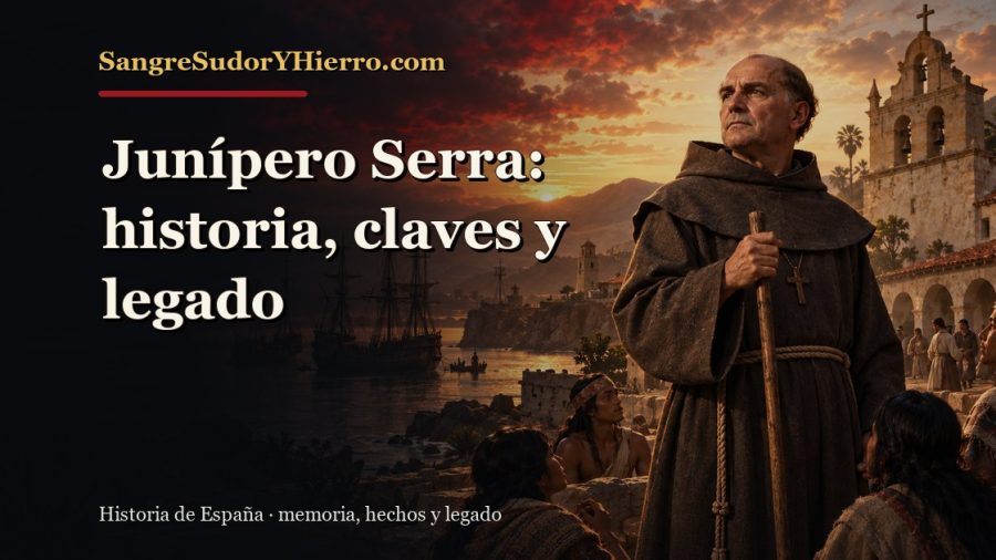 Ilustración histórica de Junípero Serra con el título «Junípero Serra: historia, claves y legado» y la marca SangreSudorYHierro.com