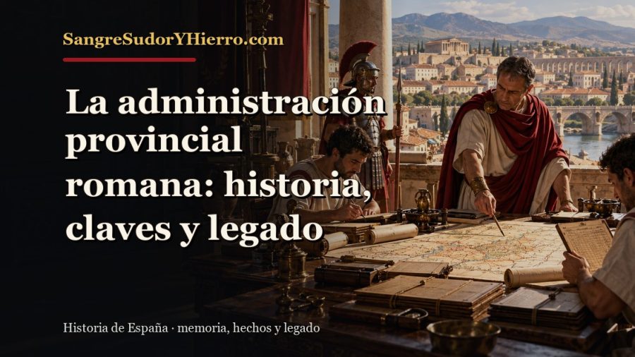 Ilustración histórica de La administración provincial romana con el título «La administración provincial romana: historia, claves y legado» y la marca SangreSudorYHierro.com