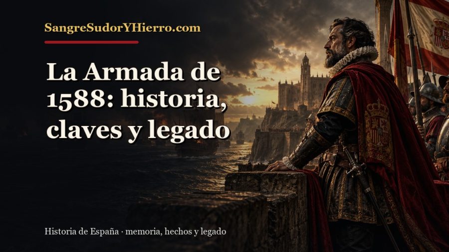 Ilustración histórica de La Armada de 1588 con el título «La Armada de 1588: historia, claves y legado» y la marca SangreSudorYHierro.com
