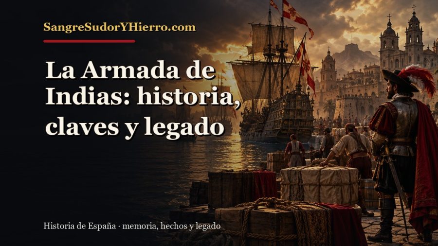 Ilustración histórica de La Armada de Indias con el título «La Armada de Indias: historia, claves y legado» y la marca SangreSudorYHierro.com