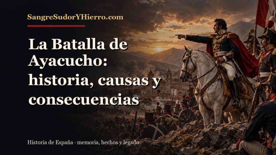 Ilustración histórica de La Batalla de Ayacucho con el título «La Batalla de Ayacucho: historia, causas y consecuencias» y la marca SangreSudorYHierro.com