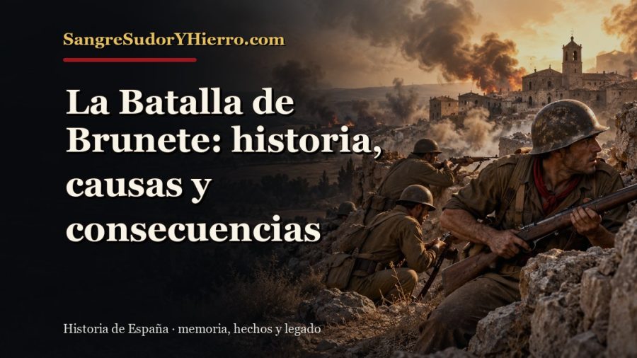 Ilustración histórica de La Batalla de Brunete con el título «La Batalla de Brunete: historia, causas y consecuencias» y la marca SangreSudorYHierro.com