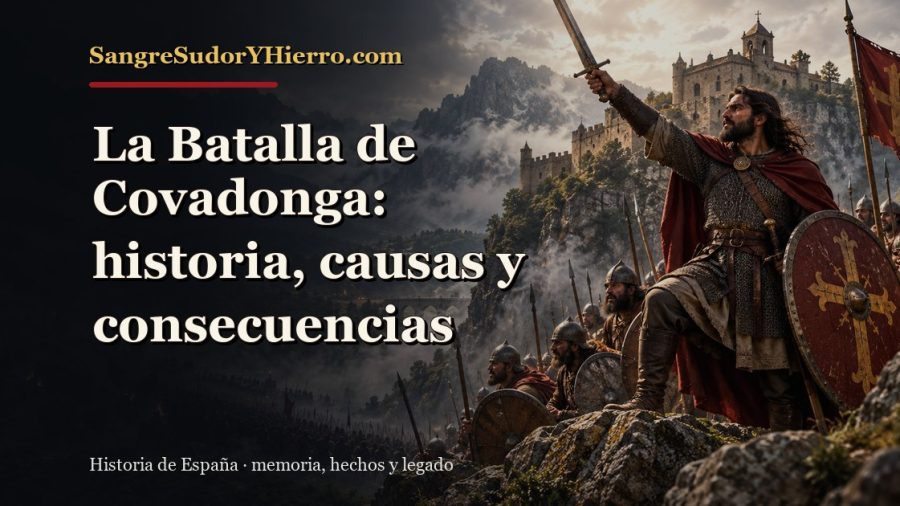 Ilustración histórica de La Batalla de Covadonga con el título «La Batalla de Covadonga: historia, causas y consecuencias» y la marca SangreSudorYHierro.com