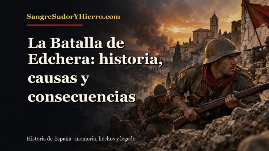 Ilustración histórica de La Batalla de Edchera con el título «La Batalla de Edchera: historia, causas y consecuencias» y la marca SangreSudorYHierro.com