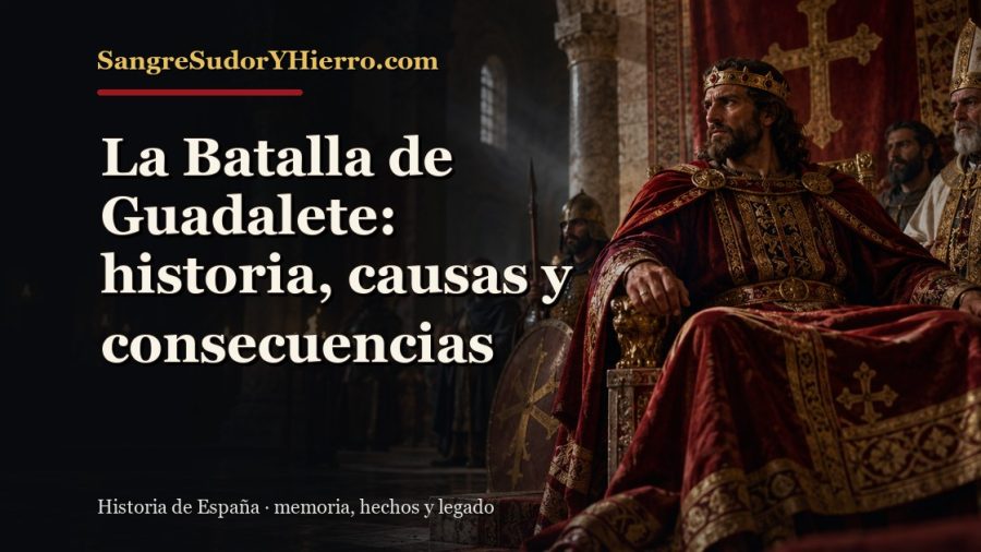 Ilustración histórica de La Batalla de Guadalete con el título «La Batalla de Guadalete: historia, causas y consecuencias» y la marca SangreSudorYHierro.com