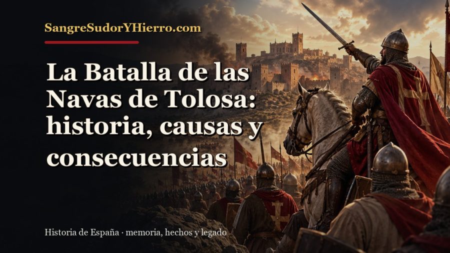 Ilustración histórica de La Batalla de las Navas de Tolosa con el título «La Batalla de las Navas de Tolosa: historia, causas y consecuencias» y la marca SangreSudorYHierro.com
