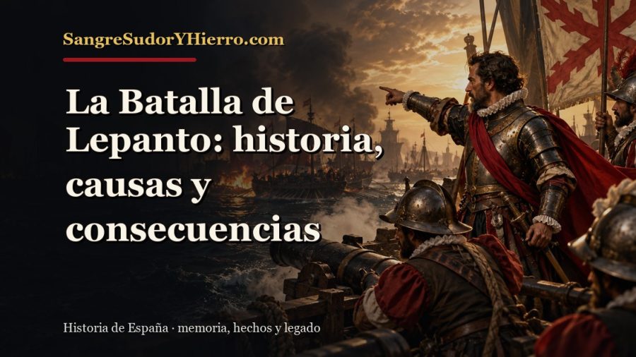 Ilustración histórica de La Batalla de Lepanto con el título «La Batalla de Lepanto: historia, causas y consecuencias» y la marca SangreSudorYHierro.com