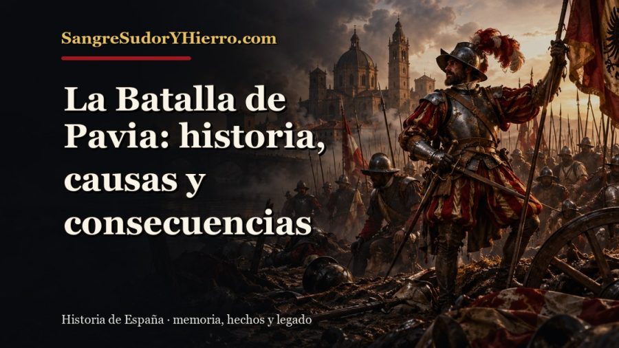Ilustración histórica de La Batalla de Pavia con el título «La Batalla de Pavia: historia, causas y consecuencias» y la marca SangreSudorYHierro.com
