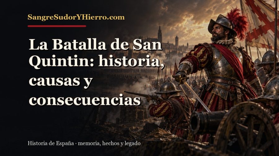 Ilustración histórica de La Batalla de San Quintin con el título «La Batalla de San Quintin: historia, causas y consecuencias» y la marca SangreSudorYHierro.com