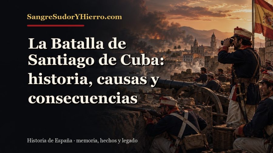 Ilustración histórica de La Batalla de Santiago de Cuba con el título «La Batalla de Santiago de Cuba: historia, causas y consecuencias» y la marca SangreSudorYHierro.com