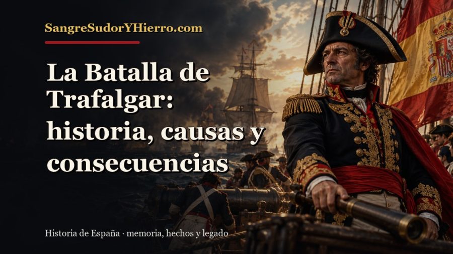 Ilustración histórica de La Batalla de Trafalgar con el título «La Batalla de Trafalgar: historia, causas y consecuencias» y la marca SangreSudorYHierro.com