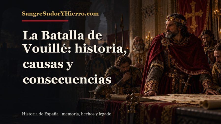 Ilustración histórica de La Batalla de Vouillé con el título «La Batalla de Vouillé: historia, causas y consecuencias» y la marca SangreSudorYHierro.com