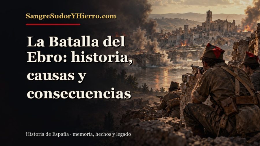 Ilustración histórica de La Batalla del Ebro con el título «La Batalla del Ebro: historia, causas y consecuencias» y la marca SangreSudorYHierro.com
