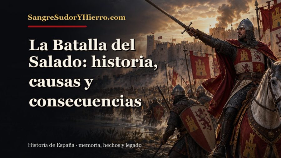 Ilustración histórica de La Batalla del Salado con el título «La Batalla del Salado: historia, causas y consecuencias» y la marca SangreSudorYHierro.com