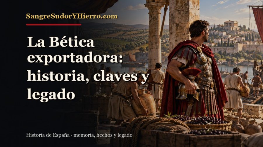 Ilustración histórica de La Bética exportadora con el título «La Bética exportadora: historia, claves y legado» y la marca SangreSudorYHierro.com