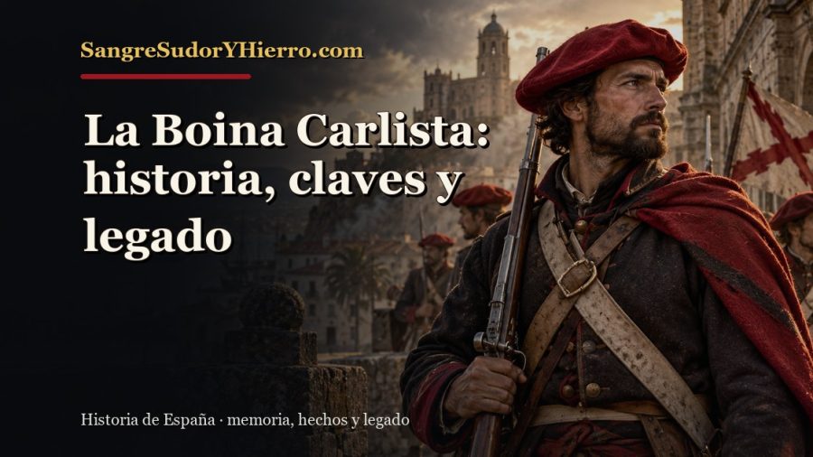 Ilustración histórica de La Boina Carlista con el título «La Boina Carlista: historia, claves y legado» y la marca SangreSudorYHierro.com