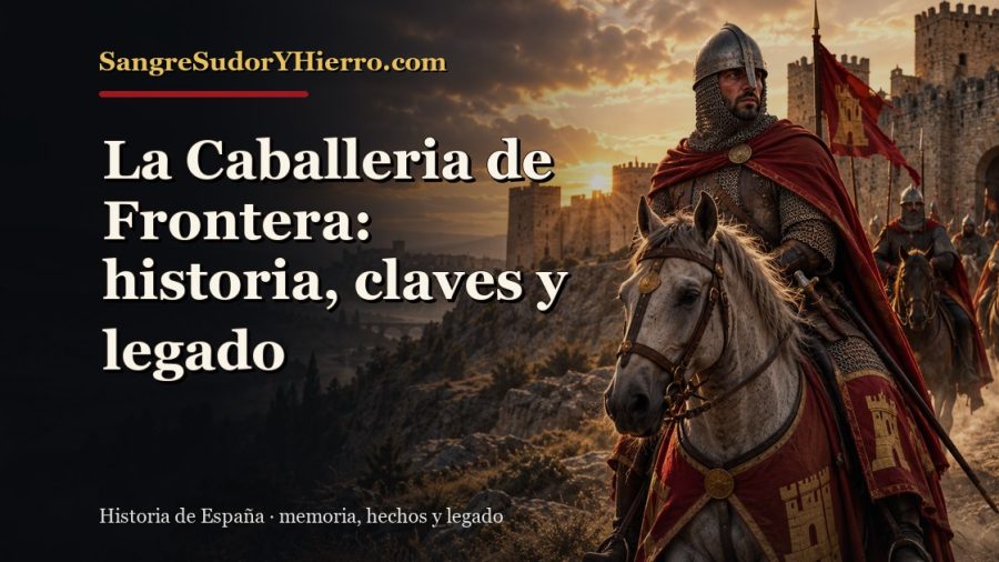 Ilustración histórica de La Caballeria de Frontera con el título «La Caballeria de Frontera: historia, claves y legado» y la marca SangreSudorYHierro.com