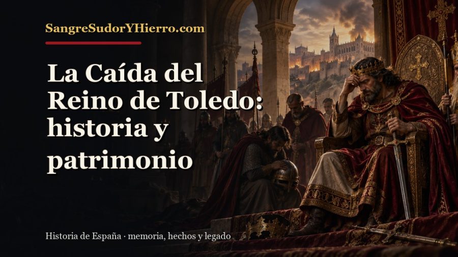 Ilustración histórica de La Caída del Reino de Toledo con el título «La Caída del Reino de Toledo: historia y patrimonio» y la marca SangreSudorYHierro.com