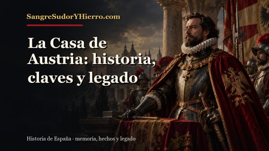 Ilustración histórica de La Casa de Austria con el título «La Casa de Austria: historia, claves y legado» y la marca SangreSudorYHierro.com