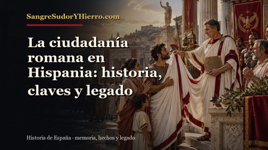 Ilustración histórica de La ciudadanía romana en Hispania con el título «La ciudadanía romana en Hispania: historia, claves y legado» y la marca SangreSudorYHierro.com