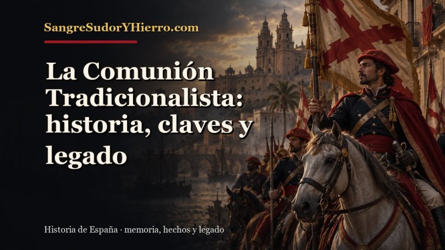 Ilustración histórica de La Comunión Tradicionalista con el título «La Comunión Tradicionalista: historia, claves y legado» y la marca SangreSudorYHierro.com