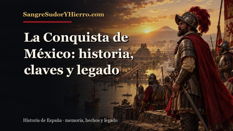 Ilustración histórica de La Conquista de México con el título «La Conquista de México: historia, claves y legado» y la marca SangreSudorYHierro.com