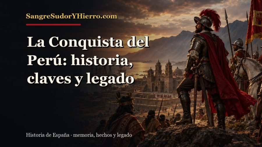 Ilustración histórica de La Conquista del Perú con el título «La Conquista del Perú: historia, claves y legado» y la marca SangreSudorYHierro.com