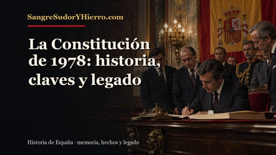 Ilustración histórica de La Constitución de 1978 con el título «La Constitución de 1978: historia, claves y legado» y la marca SangreSudorYHierro.com