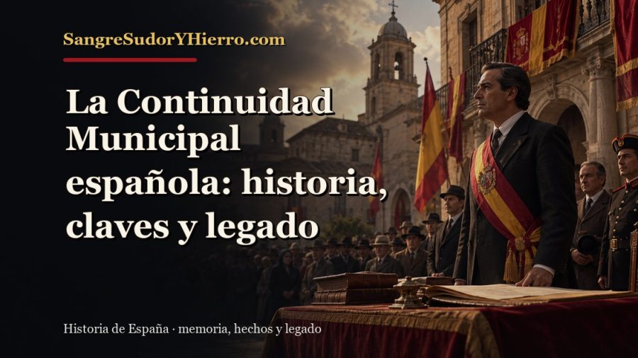 Ilustración histórica de La Continuidad Municipal española con el título «La Continuidad Municipal española: historia, claves y legado» y la marca SangreSudorYHierro.com