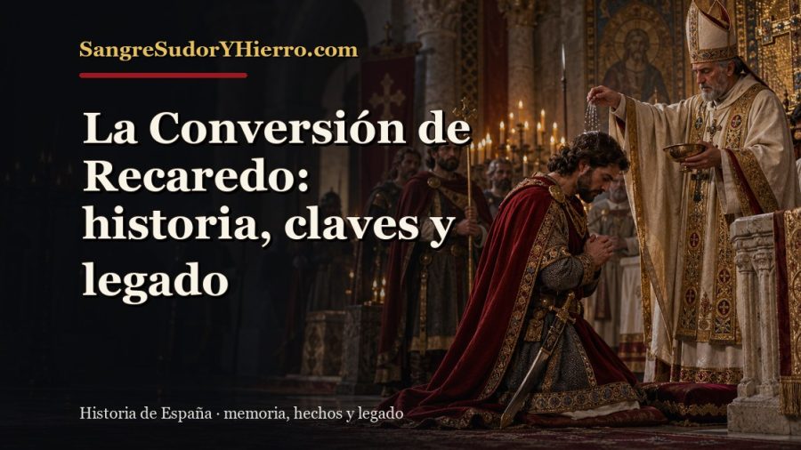Ilustración histórica de La Conversión de Recaredo con el título «La Conversión de Recaredo: historia, claves y legado» y la marca SangreSudorYHierro.com