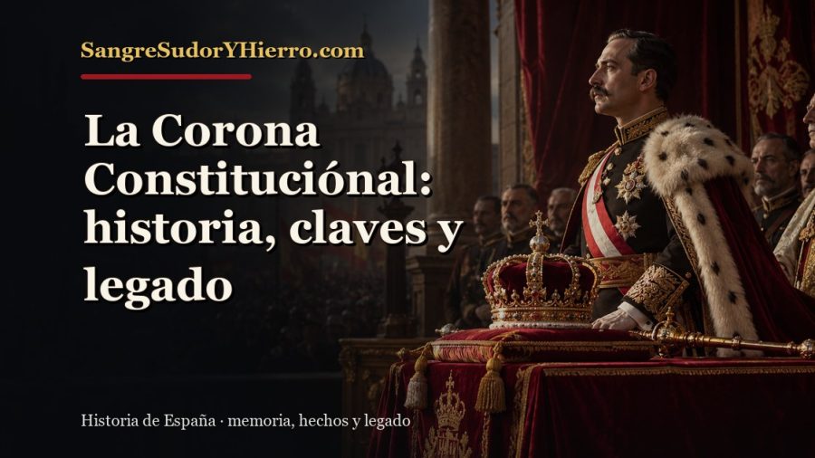 Ilustración histórica de La Corona Constituciónal con el título «La Corona Constituciónal: historia, claves y legado» y la marca SangreSudorYHierro.com