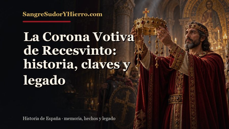 Ilustración histórica de La Corona Votiva de Recesvinto con el título «La Corona Votiva de Recesvinto: historia, claves y legado» y la marca SangreSudorYHierro.com