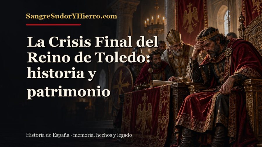 Ilustración histórica de La Crisis Final del Reino de Toledo con el título «La Crisis Final del Reino de Toledo: historia y patrimonio» y la marca SangreSudorYHierro.com