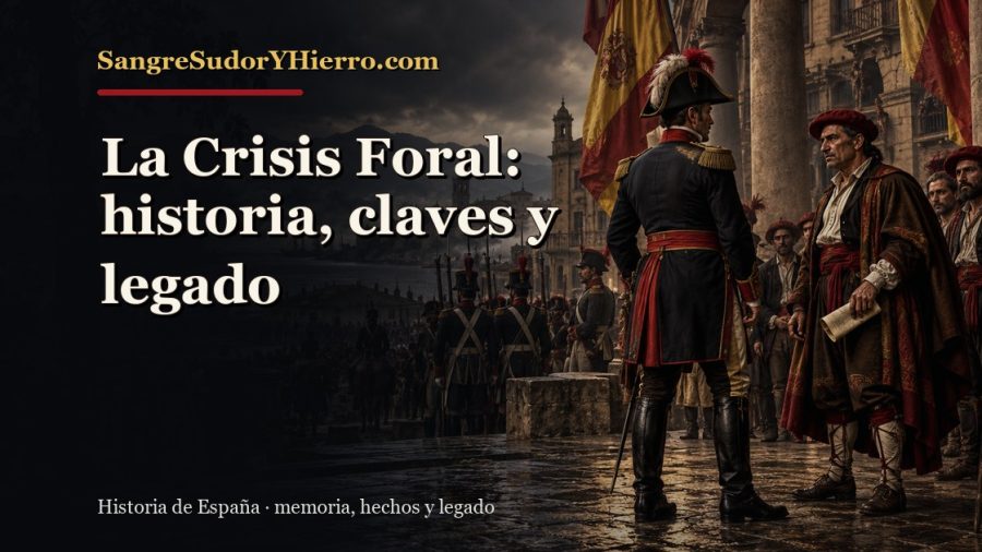 Ilustración histórica de La Crisis Foral con el título «La Crisis Foral: historia, claves y legado» y la marca SangreSudorYHierro.com