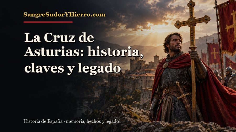 Ilustración histórica de La Cruz de Asturias con el título «La Cruz de Asturias: historia, claves y legado» y la marca SangreSudorYHierro.com