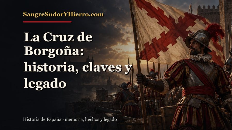 Ilustración histórica de La Cruz de Borgoña con el título «La Cruz de Borgoña: historia, claves y legado» y la marca SangreSudorYHierro.com