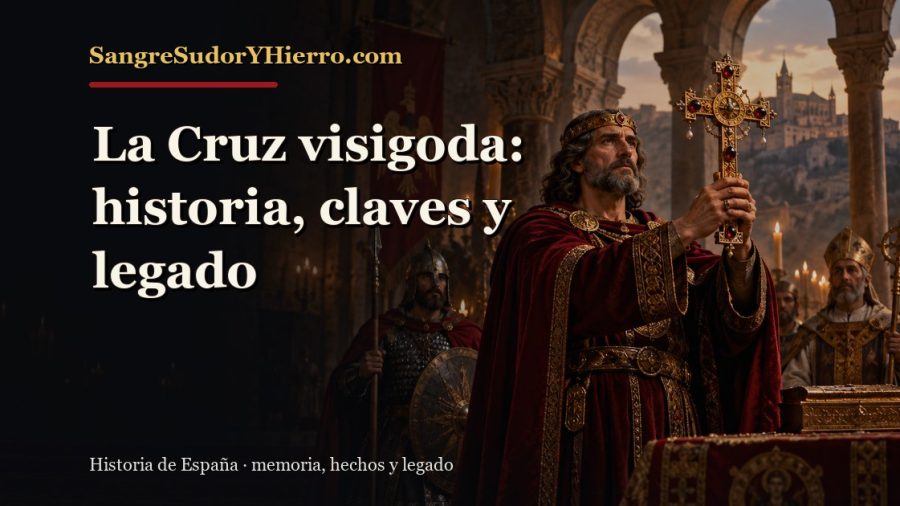 Ilustración histórica de La Cruz visigoda con el título «La Cruz visigoda: historia, claves y legado» y la marca SangreSudorYHierro.com
