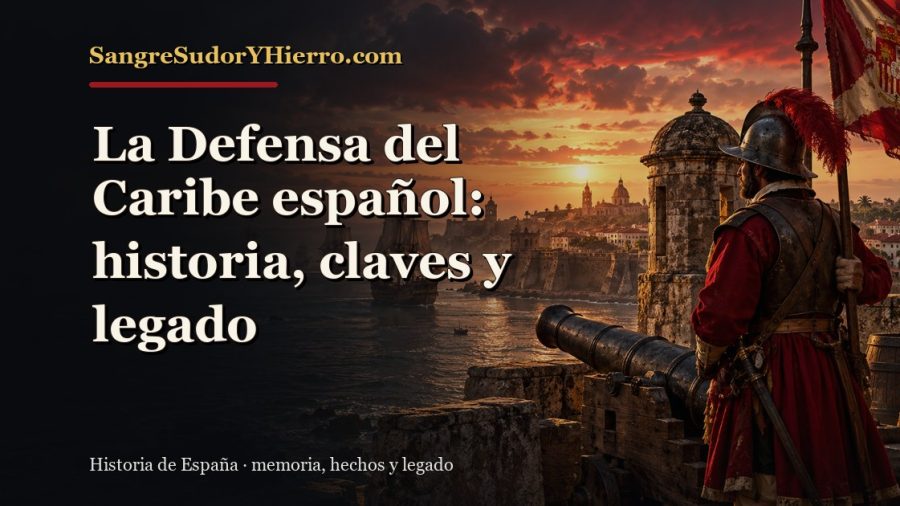 Ilustración histórica de La Defensa del Caribe español con el título «La Defensa del Caribe español: historia, claves y legado» y la marca SangreSudorYHierro.com