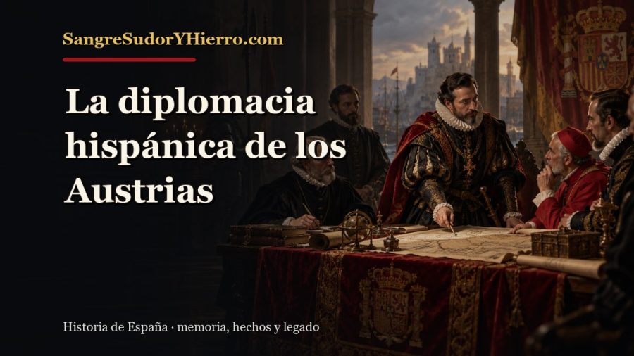 Ilustración histórica de La diplomacia hispánica de los Austrias con el título «La diplomacia hispánica de los Austrias» y la marca SangreSudorYHierro.com