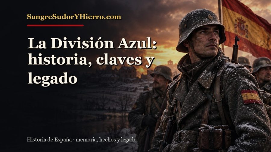 Ilustración histórica de La División Azul con el título «La División Azul: historia, claves y legado» y la marca SangreSudorYHierro.com