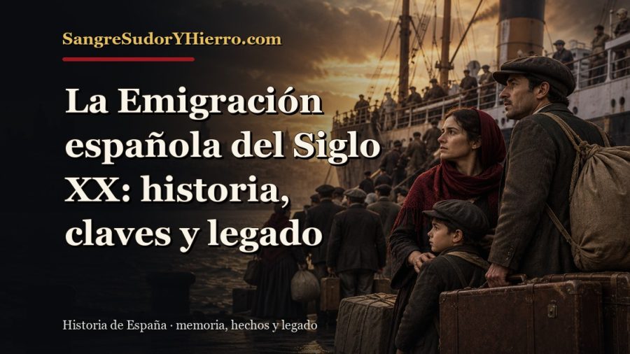 Ilustración histórica de La Emigración española del Siglo XX con el título «La Emigración española del Siglo XX: historia, claves y legado» y la marca SangreSudorYHierro.com